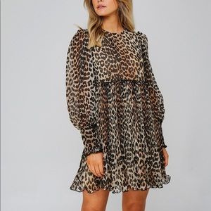 GANNI Pleated Georgette Leopard Mini Dress